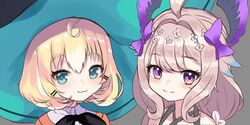  2girls :3 ahoge bare_shoulders black_neckwear blonde_hair blue_hair blush bow enna_alouette enna_alouette_(1st_costume) flower green_eyes grey_background hair_flower hair_ornament hairbow hat large_hat lazycoffee_(wyen_iscordo) millie_parfait multicolored_hair multiple_girls nijisanji nijisanji_en purple_bow purple_eyes purple_wings simple_background smile virtual_youtuber wings witch_hat 