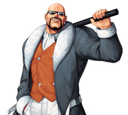  1boy ascot bald beard black-framed_eyewear brown_vest coat commentary_request cowboy_shot earrings evilgun facial_hair fingernails fur-trimmed_coat fur_trim grey_coat grin hand_in_pocket hand_up highres holding holding_stick holding_weapon jewelry lips long_sleeves looking_at_viewer male_focus moustache mr_big_(snk) open_clothes open_coat over_shoulder pants ryuuko_no_ken simple_background smile solo standing stick sunglasses teeth the_king_of_fighters the_king_of_fighters_&#039;96 vest weapon weapon_over_shoulder white_ascot white_background white_pants 