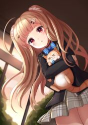  ahoge animal_hug azur_lane blazer blunt_bangs blurry bow bowtie carrying commentary_request depth_of_field eldridge_(azur_lane) eldridge_(the_inquisitive_recluse)_(azur_lane) facial_mark feline female from_below hair_ornament hair_scrunchie hairclip jacket leaning_forward light_brown_hair long_hair long_sleeves looking_at_viewer looking_down manda_(manda9n) parted_lips plaid plaid_skirt pleated_skirt red_eyes school_uniform scrunchie sidelocks skirt twilight twintails window 