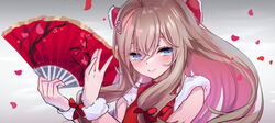  a-soul blue_eyes blush bow brown_hair china_dress chinese_clothes closed_mouth commentary_request diana_(a-soul) dress female folding_fan fur-trimmed_dress fur_trim hair_between_eyes hair_ornament hairbow hand_fan hands_up heart heart_hair_ornament highres holding holding_fan long_hair osisio petals red_bow red_dress sleeveless sleeveless_dress smile solo upper_body virtual_youtuber 