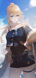  bare_shoulders blonde_hair blue_eyes blue_shirt blue_sky breasts can casual cloud diona_(genshin_impact) female genshin_impact hair_between_eyes hand_on_own_hip high_ponytail highres holding holding_can jean_(genshin_impact) large_breasts long_hair off-shoulder_shirt off_shoulder parted_lips shirt shorts sky smile solo standing swkl:d thighlet thighs 