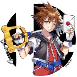  1boy blue_eyes brown_hair fingerless_gloves gloves highres hood jewelry keyblade kingdom_hearts kingdom_hearts_i kingdom_key looking_at_viewer maji_(majibomber) male_focus necklace one_eye_closed open_mouth short_hair smash_invitation smile solo sora_(kingdom_hearts) spiked_hair super_smash_bros. 