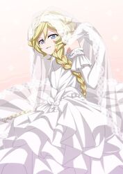  blonde_hair blue_eyes bow braid braided_ponytail bridal_veil carol_malus_dienheim closed_mouth dress elbow_gloves female flower gloves hair_between_eyes hair_flower hair_ornament hair_over_shoulder highres layered_dress long_dress long_hair looking_at_viewer miona_yui mole mole_under_eye multicolored_eyes orange_flower senki_zesshou_symphogear sitting solo veil very_long_hair wedding_dress white_background white_bow white_dress white_gloves 