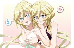  2girls aged_up anger_vein bikini bikini_top_only black_bikini blonde_hair border bracelet breast_envy breasts carol_malus_dienheim cleavage collarbone commentary_request elfnein floating_hair grabbing grabbing_another&#039;s_breast gradient_background hair_between_eyes halterneck jewelry large_breasts long_hair miona_yui mole mole_under_eye multicolored_eyes multiple_girls pink_background senki_zesshou_symphogear sideboob speech_bubble spoken_anger_vein spoken_sweatdrop sweatdrop swimsuit underboob upper_body v-shaped_eyebrows very_long_hair white_bikini white_border yuri 