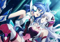  2girls :d alternate_hair_length alternate_hairstyle armored_boots black_gloves blue_eyes blue_hair blurry blurry_background boots breasts cleavage covered_navel elbow_gloves floating_hair gloves hair_between_eyes headgear kazanari_tsubasa kazanari_tsubasa_(another) large_breasts leotard long_hair miona_yui multiple_girls night one_side_up open_mouth outdoors pink_leotard red_footwear senki_zesshou_symphogear senki_zesshou_symphogear_xd_unlimited smile thighhighs very_long_hair white_hair white_thighhighs yukine_chris yukine_chris_(another) 