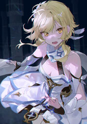  absurdres blonde_hair breasts buri_(retty9349) cleavage dress feather_hair_ornament feathers female flower genshin_impact hair_flower hair_ornament highres lumine_(genshin_impact) medium_breasts medium_hair open_mouth protected_link scarf short_hair_with_long_locks solo white_dress white_flower white_scarf yellow_eyes 