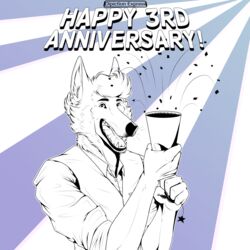  1:1 absurd_res anniversary anthro black_and_white canid canine canis celebration clothing conductor_ramirez_(depictionexpress) confetti depictionexpress domestic_dog dress_shirt facial_hair hair hi_res husky line_art looking_at_viewer male mammal maned_wolf monochrome nordic_sled_dog pattern_background piercing shirt simple_background solo spitz star suit topwear vest wavy_hair 