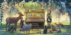  2boys 2girls animal antlers bird dappled_sunlight deer flower fox highres holding horns instrument leaf lolicon long_sleeves multiple_boys multiple_girls original outdoors owl penguin piano rabbit sheep standing sunlight totsu_(nikki00) upright_piano white_flower wide_shot 