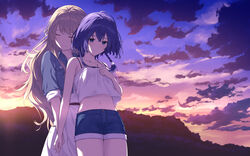  2girls blue_eyes blue_hair blush braid braided_ponytail brown_hair camisole closed_eyes cloud cloudy_sky couple dress highres holding_hands jewelry long_hair midriff misakino_kukuru miyazawa_fuuka multiple_girls navel necklace nightgown nuenue outdoors purple_sky shell_hair_ornament shiroi_suna_no_aquatope short_hair shorts sky sunlight sunset twilight white_camisole white_dress yuri 