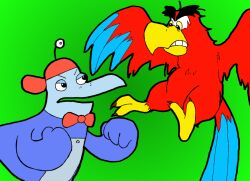  2005 2_toes 4_fingers angry anthro avian backwards_baseball_cap backwards_hat baseball_cap beak biped bird black_eyebrows black_eyes blue_body blue_feathers bow_tie clenched_teeth clothing colored crossover cyberchase digit_(cyberchase) digital_drawing_(artwork) digital_media_(artwork) disney disney's_aladdin duo eye_contact eyebrows feathered_wings feathers feet feral fight fighting_pose fingers fist flat_colors flying glaring glaring_at_another green_background half-closed_eyes hat headgear headwear iago_(disney) looking_at_another luciferchan machine male metallic_body multicolored_body multicolored_feathers narrowed_eyes nelvana open_beak open_mouth parrot pbs pose purple_body purple_feathers raised_fist raised_hand red_baseball_cap red_body red_bow_tie red_feathers robot robot_anthro simple_background spread_wings tail tail_feathers talons teeth thick_eyebrows thick_lines thick_outline toes toothed_beak two_tone_body two_tone_feathers white_sclera wings yellow_beak yellow_eyes yellow_feet 