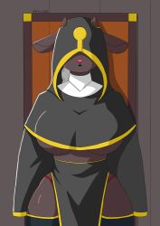  absurd_res anthro anuvisur_(artist) big_breasts black_body breasts brown_body clothed clothing covered_eyes cultist door female fur generation_8_pokemon hi_res horn inside long_socks nintendo nun nun_outfit open_mouth pink_nose pokemon pokemon_(species) solo standing thong under_boob underwear wide_hips wool_(fur) wool_hair wooloo 