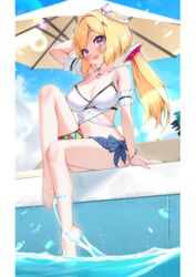  absurdres aki_rosenthal aki_rosenthal_(hololive_summer_2019) arm_support arm_up armpit_crease armpits barefoot bikini blonde_hair blush breasts collarbone day feet female full_body highres hololive jewelry knee_up large_breasts legs lens_flare long_hair looking_at_viewer navel necklace official_alternate_costume on_ground open_mouth outdoors poolside purple_eyes sitting smile solo splashing swimsuit thigh_strap thighs toenails toes twintails virtual_youtuber white_bikini yoshie_eneko 