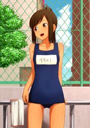  blue_one-piece_swimsuit blush brown_eyes brown_hair chain-link_fence cloud commentary_request day enoshito female fence i-401_(kancolle) kantai_collection name_tag one-piece_swimsuit open_mouth outdoors ponytail railing school_swimsuit sky solo swimsuit tan wet 