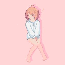  ahoge animated animated bare_legs barefoot blush closed_mouth commentary female full_body hood hood_down hoodie long_sleeves looping_animation no_pants orange_hair original pink_background pixel_art red_eyes short_hair simple_background solo sotie squeans symbol-only_commentary white_hoodie 