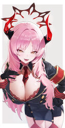  absurdres black_gloves black_skirt blue_archive blush breasts cleavage cowboy_shot demon_horns female gloves halo highres horns large_breasts long_hair long_sleeves necktie num_s1x open_mouth pink_hair red_halo red_horns red_necktie satsuki_(blue_archive) skirt smile solo yellow_eyes 