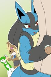  athletic_wear blue_body blue_fur bodily_fluids brown_body brown_fur camille_(vulapa) cappuccino_(vulapa) clothed clothing female fur gardevoir generation_3_pokemon generation_4_pokemon green_body group hi_res kaiden_(vulapa) lopunny lucario male nintendo pokemon pokemon_(species) red_eyes sweat training trio vulapa white_body 