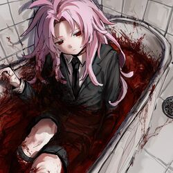  1boy bath bath_of_blood bathtub black_jacket black_necktie black_shorts blood blood_on_clothes blood_on_hands chinese_commentary closed_eyes clothed_bath collared_shirt commentary_request expressionless hatsutori_hajime highres indoors jacket long_hair long_sleeves male_focus necktie pink_hair red_eyes saibou_shinkyoku shirt shorts shuru_shenme_mingzi solo white_shirt 