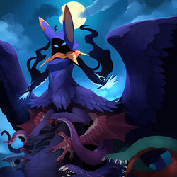  6_wings aquatic_dragon black_wings blue_eyes blue_sclera chimera clothing cloud deity dragon echidna female full_moon glowing gold_(metal) gold_jewelry hi_res hoodie jewelry kamukamu6392 mammal marine monotreme moon multi_limb multi_wing purple_clothing reptile scalie smoke snake solo taur tentacle topwear wings 