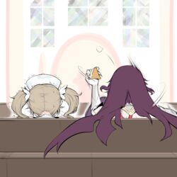  2girls barbara_(genshin_impact) bench brown_hair food from_behind genshin_impact hat motion_lines multiple_girls nun pizza pizza_slice purple_hair rosaria_(genshin_impact) short_hair sitting white_headwear yuriwhale 