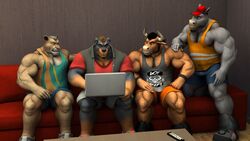  3d_(artwork) allen_(braford) ankle_tuft anthro baseball_cap belly biceps black_body black_clothing black_fur black_hair black_topwear black_vest blonde_hair blue_bottomwear blue_clothing blue_shorts bottomwear bovid bovine braford brown_body brown_fur brown_wall button_ears canid canine canis cattle claws clothing computer cougar deltoids digital_media_(artwork) domestic_dog electronics equid equine facial_hair felid feline finger_claws floppy_ears fur furniture gesture gloves_(marking) goatee green_clothing green_shirt green_tank_top green_topwear grey_body grey_clothing grey_fur grey_shirt grey_tank_top grey_topwear group hair hand_gesture hat headgear headwear horn horse house_of_beef inside julian_(braford) laptop laptop_on_lap leg_markings leg_tuft looking_at_another male mammal markings mastiff molosser multicolored_body multicolored_fur muscular muscular_anthro muscular_male muscular_thighs orange_body orange_fur oscar_(braford) pattern_clothing pattern_shirt pattern_topwear pecs pointing pointing_at_self red_clothing red_hat red_headwear red_shirt red_t-shirt red_topwear rottweiler shirt shorts simon_(braford) sitting slightly_chubby slightly_chubby_anthro slightly_chubby_male socks_(marking) sofa striped_clothing striped_shirt striped_topwear stripes t-shirt tan_body tan_fur tank_top topwear tuft two_tone_body two_tone_fur vest white_body white_bottomwear white_clothing white_fur white_shorts white_stripes yellow_stripes 