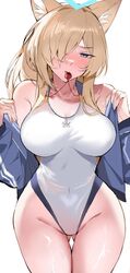  animal_ears ass_visible_through_thighs bare_shoulders blonde_hair blue_archive blue_eyes blue_halo blue_jacket blush breasts commentary cowboy_shot female hair_over_one_eye halo highleg highleg_swimsuit highres jacket kanna_(swimsuit)_(blue_archive) large_breasts long_sleeves looking_at_viewer off_shoulder official_alternate_costume one-piece_swimsuit one_eye_covered open_clothes open_jacket shiben_(ugvu5784) simple_background solo swimsuit thigh_gap thighs whistle white_background white_one-piece_swimsuit 