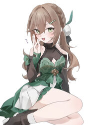  21syn_q_(gohan) :d arm_at_side bare_shoulders black_footwear blush breasts brown_hair cleavage cleavage_cutout clothing_cutout dress english_commentary female full_body glint green_dress green_eyes hair_between_eyes hair_ornament hairclip hand_up highres honkai:_star_rail honkai_(series) layered_clothes long_hair long_sleeves looking_at_viewer low_twintails open_mouth qingque_(honkai:_star_rail) shoulder_cutout sidelocks signature sitting smile solo turtleneck twintails yokozuwari 