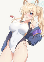  animal_ear_fluff animal_ears blonde_hair blue_archive blue_eyes blue_jacket blush breasts clenched_teeth competition_swimsuit cowboy_shot extra_ears female hair_over_one_eye highres itaba_atsushi jacket kanna_(blue_archive) kanna_(swimsuit)_(blue_archive) large_breasts long_hair long_sleeves looking_at_viewer official_alternate_costume one-piece_swimsuit open_clothes open_jacket sharp_teeth simple_background solo swimsuit teeth whistle whistle_around_neck white_background white_one-piece_swimsuit 