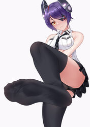  absurdres bandages bare_shoulders black_panties black_skirt black_thighhighs blush breasts checkered_necktie closed_mouth commentary_request commission crossed_arms eyepatch feet female foot_focus from_below hair_ornament highres kantai_collection leg_up medium_breasts necktie no_shoes oirin panties pixiv_commission purple_hair shirt short_hair skirt sleeveless sleeveless_shirt soles solo standing standing_on_one_leg tenryuu_(kancolle) thighhighs underwear yellow_eyes 