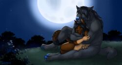  2023 anthro black_body black_fur black_hair blue_nose blue_pawpads brown_body brown_fur canid canine canis claws closed_eyes cuddling digitigrade domestic_cat duo felid feline felis female full_moon fur gaikotsu gloves_(marking) grass green_eyes hair hand_on_arm hand_on_leg hand_on_thigh hi_res hug light male male/female mammal markings moon moonlight muscular muscular_anthro muscular_male mythological_canine mythological_creature mythology night nude outside pawpads plant romantic romantic_couple serene shrub signature sitting sky smile star tail tail_around_leg tail_around_partner toe_claws were werecanid werecanine werewolf wolf 