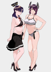  2girls bikini black_bikini black_footwear breasts cleavage closed_mouth commission eyepatch floating_headgear full_body grey_background hair_between_eyes halo hand_on_own_hip headgear high_heels kantai_collection large_breasts looking_at_viewer mechanical_halo medium_hair multiple_girls ojipon purple_hair sarong short_hair simple_background standing swimsuit tatsuta_(kancolle) tenryuu_(kancolle) white_bikini yellow_eyes 