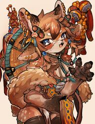  1boy absurdres animal_ears antlers body_fur brown_eyes brown_fur brown_hair bulge deer_antlers deer_boy deer_ears deer_tail ear_piercing english_commentary feather_boa furry furry_male hands_up highres horns looking_at_viewer male_focus open_mouth orange_background original otoko_no_ko pelvic_curtain piercing shima_(wansyon144) short_hair sidelocks simple_background solo tail thighhighs upper_body 