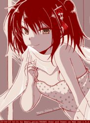  artist_name breasts brown_eyes camisole casual closed_mouth commentary crop_top dated female from_side hair_between_eyes hair_ornament kantai_collection leaning_forward looking_at_viewer looking_to_the_side matsuura@parao midriff monochrome navel night_battle_idiot polka_dot_camisole red_theme scarf see-through_scarf sendai_(kancolle) signature small_breasts smile solo spaghetti_strap tegaki_draw_and_tweet twitter_username two_side_up upper_body 