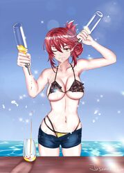  absurdres bikini cocktail cocktail_glass cup denim denim_shorts drinking_glass eiyuu_densetsu english_commentary female frilled_bikini frills glass hair_between_eyes hair_bun highres lens_flare looking_at_viewer one_eye_closed outdoors red_hair sara_valestein sen_no_kiseki sen_no_kiseki_iii shorts solo swimsuit twitter_username vanillahare water 