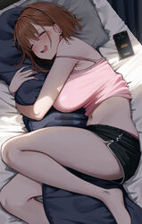  absurdres armpit_crease bare_shoulders barefoot bed bed_sheet black_shorts blush body_pillow breasts brown_hair camisole cellphone closed_eyes commentary_request dolphin_shorts female foot_out_of_frame from_above hair_behind_ear highres huge_breasts hugging_object indoors lying mole mole_on_breast mole_on_stomach mole_under_eye navel ol-chan_(udon) on_bed on_side open_mouth original panties panty_peek phone pillow pillow_hug pink_camisole pink_panties saliva short_hair short_shorts shorts sleeping sleeveless smartphone smile solo spaghetti_strap stomach strap_slip thick_eyelashes thighs udon_(udonalium) underwear white_trim 