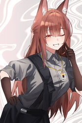  absurdres animal_ears arknights black_gloves black_skirt blush brown_eyes brown_hair commentary elbow_gloves female fox_ears fox_girl franka_(arknights) gloves grey_shirt half_updo hand_on_own_hip highres long_hair looking_at_viewer one_eye_closed puranetto_(vjun4748) shirt skirt smile solo spiral_background upper_body 