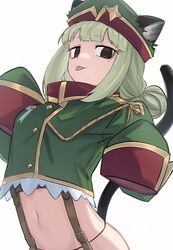  :3 animal_ears aoki_shizumi araga_kiwi arched_back black_panties blunt_bangs breasts cat_ears cat_girl cat_tail closed_mouth commentary cropped_jacket double_bun ears_through_headwear eyelashes female from_side garter_straps green_hair green_hat hair_bun hair_up hands_up hat hat_ornament highres kemonomimi_mode leoparde_(mahou_shoujo_ni_akogarete) long_hair looking_at_viewer looking_to_the_side mahou_shoujo_ni_akogarete midriff navel panties red_eyes sidelocks simple_background sleeves_past_fingers sleeves_past_wrists small_breasts solo star_(symbol) star_hat_ornament stretching string_panties tail tongue tongue_out torn_clothes torn_hat underwear upper_body very_long_sleeves w_arms white_background 