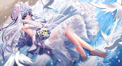  absurdres aichinaigai alternate_costume animal_ear_fluff animal_ears arm_support backless_dress backless_outfit bare_shoulders barefoot beach bird blue_bow blue_eyes blue_hair blush bouquet bow bracelet bridal_veil bride cat_ears cat_girl chinese_commentary commentary_request detached_sleeves dove dress elbow_gloves falling_petals female flower genshin_impact gloves hairbow hand_up highres jewelry kamisato_ayaka light_blue_hair long_hair looking_at_viewer outdoors partially_submerged pearl_bracelet petals see-through see-through_sleeves sitting smile soles solo thighs toes veil very_long_hair wedding_dress wet white_dress white_flower white_gloves white_sleeves white_veil 