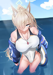  absurdres animal_ear_fluff animal_ears blue_archive blue_halo breasts competition_swimsuit dog_ears dog_girl epitaph_(ryaf8834) extra_ears female hair_over_one_eye halo highleg highres kanna_(blue_archive) kanna_(swimsuit)_(blue_archive) official_alternate_costume one-piece_swimsuit solo swimsuit 