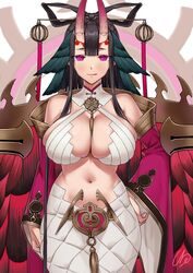  bare_shoulders black_hair bra breasts cleavage detached_sleeves eyeliner fate/samurai_remnant fate_(series) feather_hair female ge_(zmq67911029) hair_ornament halterneck horns large_breasts licking_lips long_hair long_sleeves looking_at_viewer makeup navel pink_eyes rogue_berserker_(fate/samurai_remnant) skirt smile solo tongue tongue_out underwear white_bra white_skirt wide_sleeves 