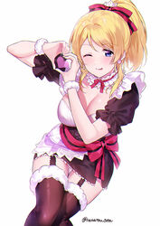  :p absurdres artist_name ayase_eli black_thighhighs blonde_hair blue_eyes blush bow breasts choker cleavage commentary_request dress earrings female frilled_choker frills fur-trimmed_thighhighs fur_trim garter_straps hairbow heart heart_hands highres jewelry large_breasts long_hair looking_at_viewer love_live! love_live!_school_idol_project maid mogyutto_&quot;love&quot;_de_sekkin_chuu! nanatsu_no_umi one_eye_closed pink_bow ponytail short_sleeves simple_background smile solo thighhighs tongue tongue_out white_background 