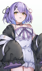  absurdres bare_shoulders black_jacket black_ribbon blush bow cowboy_shot dress dress_bow female from_below ghost_hair_ornament hair_ornament highres jacket off_shoulder open_mouth purple_bow purple_dress purple_eyes ribbon ringozeri shinomiya_runa shinomiya_runa_(1st_costume) short_hair simple_background sleeveless sleeveless_dress sleeves_past_fingers sleeves_past_wrists solo two_side_up virtual_youtuber vspo! white_background x_hair_ornament yellow_eyes 