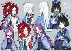  4girls animal_ears black_eyes black_hair black_horns black_nails black_sailor_collar blue_archive blue_halo blue_neckerchief blush breasts cat&#039;s_cradle cat_ears cat_tail closed_eyes closed_mouth double_v dragon_horns dragon_tail fingernails food grey_background grey_eyes grey_halo grin hair_ornament halo haori highres hip_vent holding holding_food horns hyakkaryouran_(blue_archive) japanese_clothes kikyou_(blue_archive) long_hair long_sleeves multiple_girls multiple_tails multiple_views nagusa_(blue_archive) nail_polish neckerchief oerba_yun_fang open_mouth pleated_skirt ponytail purple_eyes purple_hair purple_halo red_eyes red_hair red_halo red_neckerchief red_sailor_collar red_tail renge_(blue_archive) sailor_collar school_uniform serafuku short_hair sideboob simple_background single_horn skin_fang skirt small_breasts smile tail two_tails v white_hair white_sailor_collar white_skirt yakitori yanyo_(ogino_atsuki) yukari_(blue_archive) 