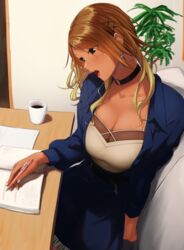  belt blonde_hair book breasts choker cleavage coffee commentary_request couch cup dark-skinned_female dark_skin earrings enoshito female hair_ornament hairpin highres holding idolmaster idolmaster_shiny_colors indoors izumi_mei jacket jewelry large_breasts long_hair long_sleeves mechanical_pencil multicolored_hair nail_polish paper pencil plant sitting solo two-tone_hair white_nails 