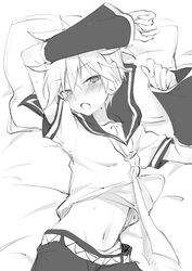  1boy arm_above_head bass_clef bed_sheet belt black_sailor_collar black_shorts black_sleeves blush clothes_lift detached_sleeves embarrassed greyscale half-closed_eyes headphones headset highres kagamine_len looking_at_viewer loose_necktie lying midriff_peek monochrome navel necktie nervous on_back open_mouth pillow sailor_collar sailor_shirt sexually_suggestive shirt shirt_lift shorts spiked_hair sudachi_(calendar) sweatdrop vocaloid 