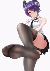  absurdres bandages bare_shoulders black_panties black_skirt black_thighhighs blush breasts checkered_necktie closed_mouth commentary_request commission crossed_arms eyepatch feet female foot_focus from_below hair_ornament highres kantai_collection leg_up medium_breasts necktie no_shoes oirin panties pixiv_commission purple_hair shirt short_hair skirt sleeveless sleeveless_shirt soles solo standing standing_on_one_leg tenryuu_(kancolle) thighhighs underwear yellow_eyes 