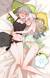  2girls babydoll bare_legs black_panties black_tank_top blush bow bow_panties chemise closed_eyes commentary_request critter_pick_(honkai:_star_rail) cuddling drooling feet_out_of_frame firefly_(honkai:_star_rail) grey_hair highres honkai:_star_rail honkai_(series) hug long_hair midriff mouth_drool multiple_girls navel on_bed open_mouth panties paw_print pillow sleeping sleepwear stelle_(honkai:_star_rail) tank_top thighs trailblazer_(honkai:_star_rail) underwear white_panties yodare_(3yami8) yuri 