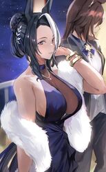  2girls absurdres alternate_costume bare_shoulders blurry blurry_background bojue_(hakus_1128) bow bracelet breasts cleavage commentary dress ear_ornament fur_scarf hair_between_eyes hair_bun hair_ornament highres jewelry large_breasts looking_at_viewer mejiro_ramonu_(umamusume) multicolored_hair multiple_girls night night_sky official_alternate_costume outdoors parted_lips purple_eyes short_hair sirius_symboli_(escorte_etoile)_(umamusume) sirius_symboli_(umamusume) sky sleeveless sleeveless_dress smile star_(sky) starry_sky streaked_hair umamusume upper_body white_hair 