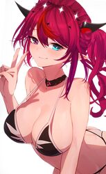  alternate_costume alternate_hairstyle bikini black_bikini blue_eyes breasts choker double_halo female getto halo heterochromia highres hololive hololive_english horns irys_(hololive) large_breasts long_hair looking_at_viewer multicolored_hair pointy_ears purple_hair red_eyes red_hair sideboob smile solo star_halo swimsuit two-tone_hair v virtual_youtuber 