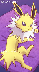  3_toes ambiguous_gender black_ears black_nose blush blush_lines eeveelution english_text feet feral full-length_portrait fur generation_1_pokemon jolteon laying_on_pillow long_ears lying nintendo pawpads paws pillow pink_blush pink_pawpads pokemon pokemon_(species) portrait purple_background purple_eyes purple_pillow sapphireluna shadow short_tail signature simple_background smile smiling_at_viewer solo tail text toes white_body white_fur yellow_body yellow_fur 