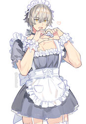  1boy alternate_costume apron black_choker black_dress blush caelus_(honkai:_star_rail) choker crossdressing dress enmaided frilled_apron frills garter_straps heart heart_hands honkai:_star_rail honkai_(series) maid maid_headdress male_focus meiji_(meiji770) open_mouth orange_eyes short_sleeves simple_background solo thighhighs trailblazer_(honkai:_star_rail) twitter_username white_apron white_background white_thighhighs 